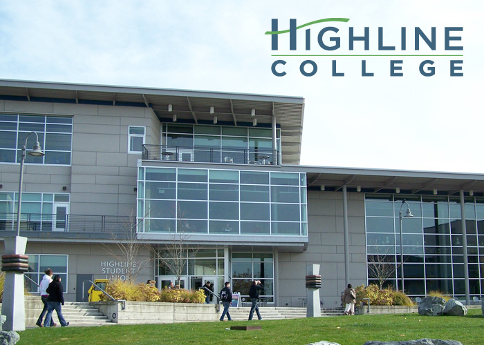 Highline College logo over photo of the Highline Student Union